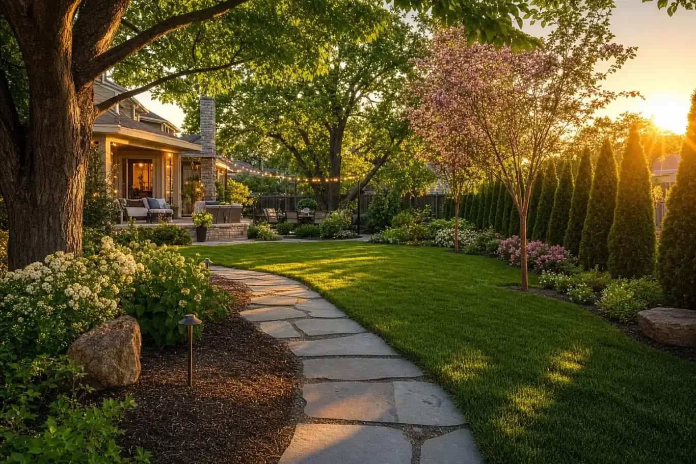 A lush landscaped backyard with mature trees at golden hour