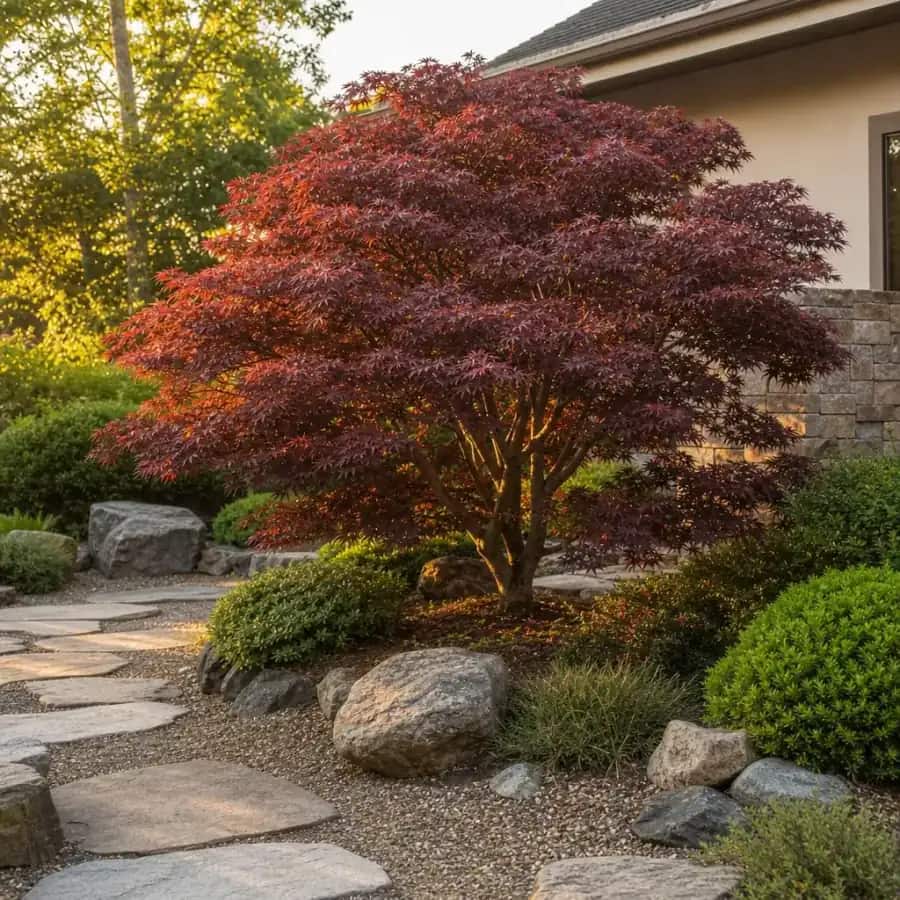 Bloodgood Japanese Maple (Acer palmatum) — mature, planted