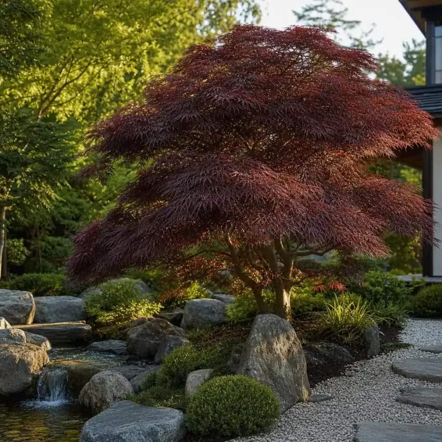 Crimson Queen Japanese Laceleaf Maple (Acer palmatum subsp. matsumurae) — mature, planted