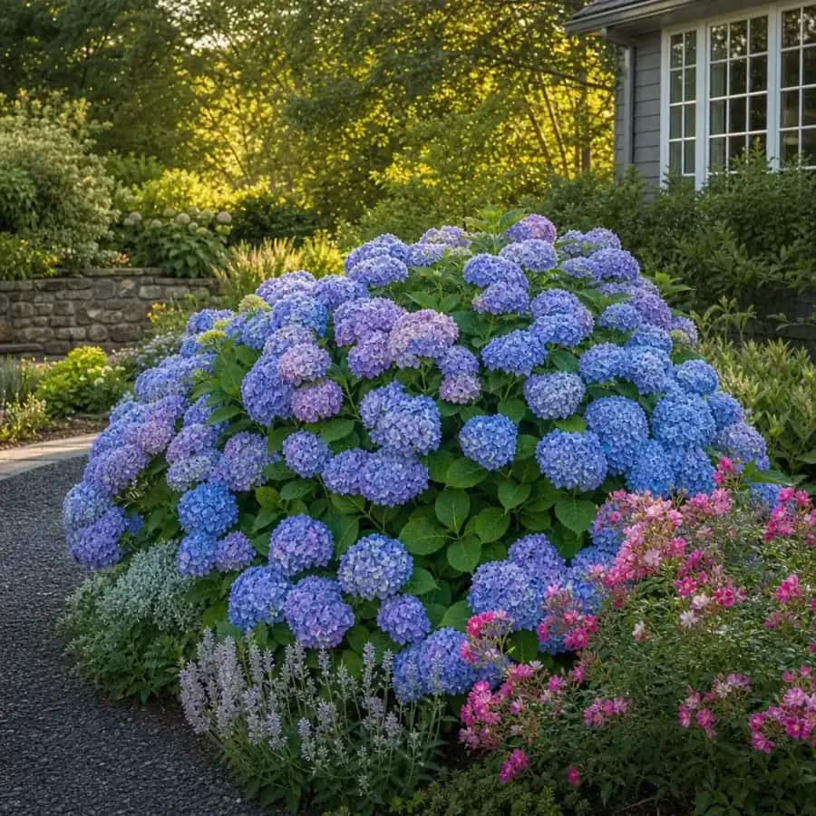 Endless Summer Hydrangea (Hydrangea macrophylla 'Bailmer') — mature, planted