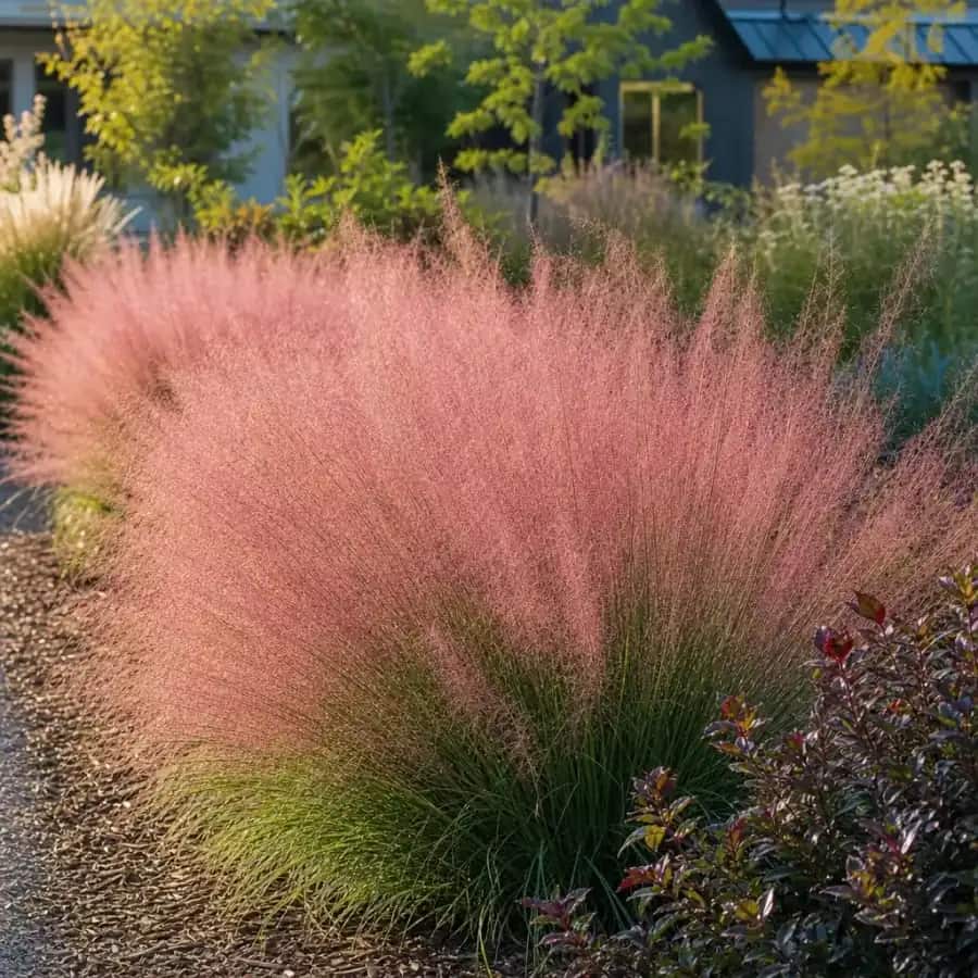 Pink Muhly Grass (Muhlenbergia capillaris) — mature, planted