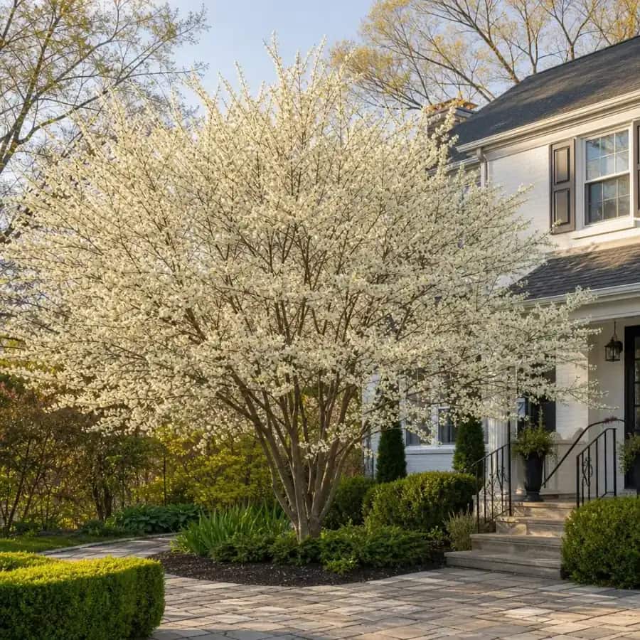 Royal White Eastern Redbud (Cercis canadensis f. alba) — mature, planted