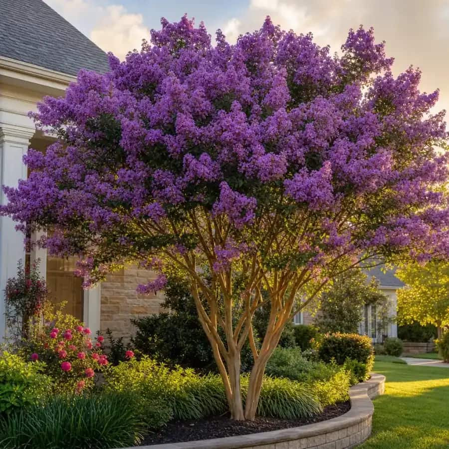 Thunderstruck Coral Boom Crape Myrtle (Lagerstroemia x) — mature, planted