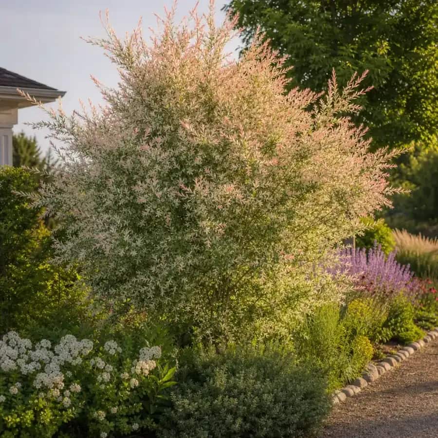 Tri-Color Dappled Willow (Salix integra 'Hakuro-Nishiki') — mature, planted