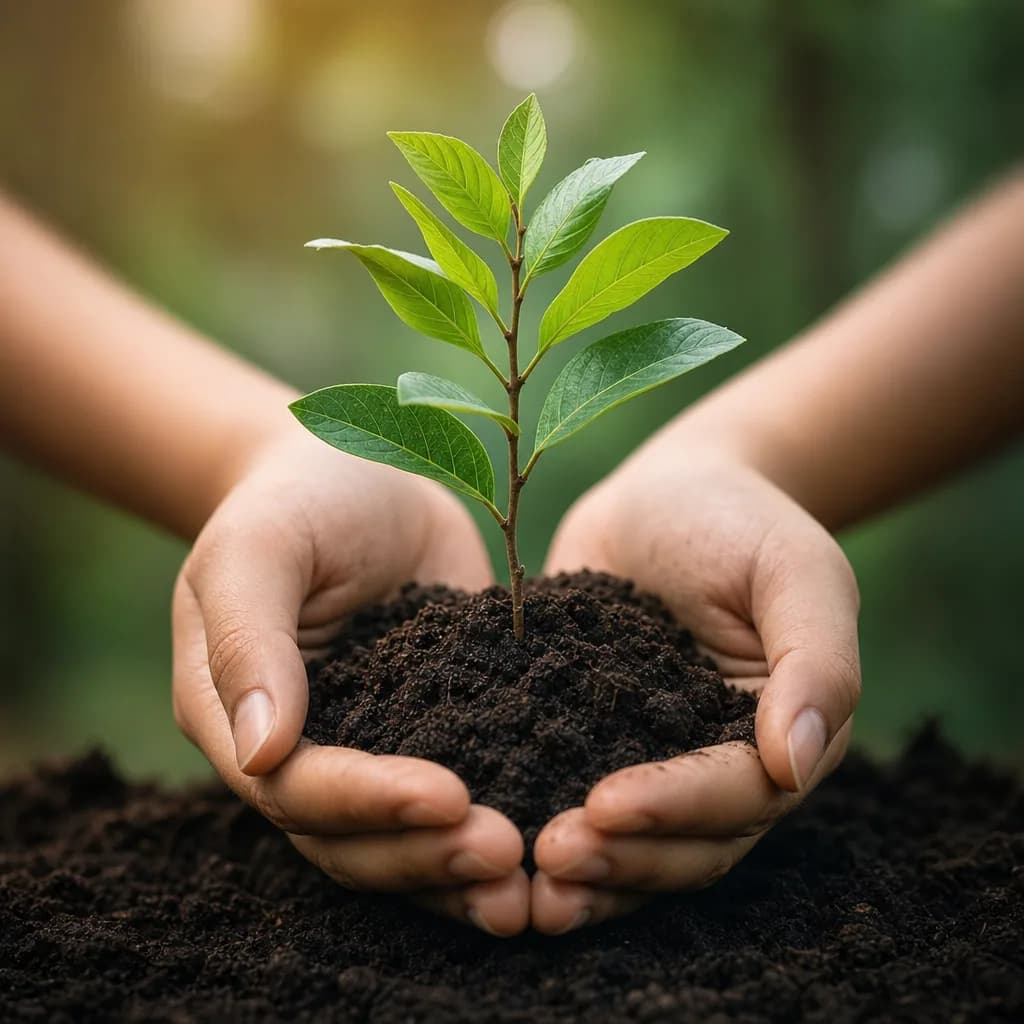 A healthy sapling held in cupped hands