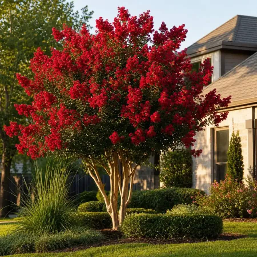 Colorama Scarlet Garden Debut Crape Myrtle (Lagerstroemia x) — mature, planted