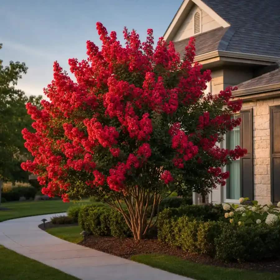 Dynamite Crape Myrtle (Lagerstroemia indica 'Dynamite') — mature, planted