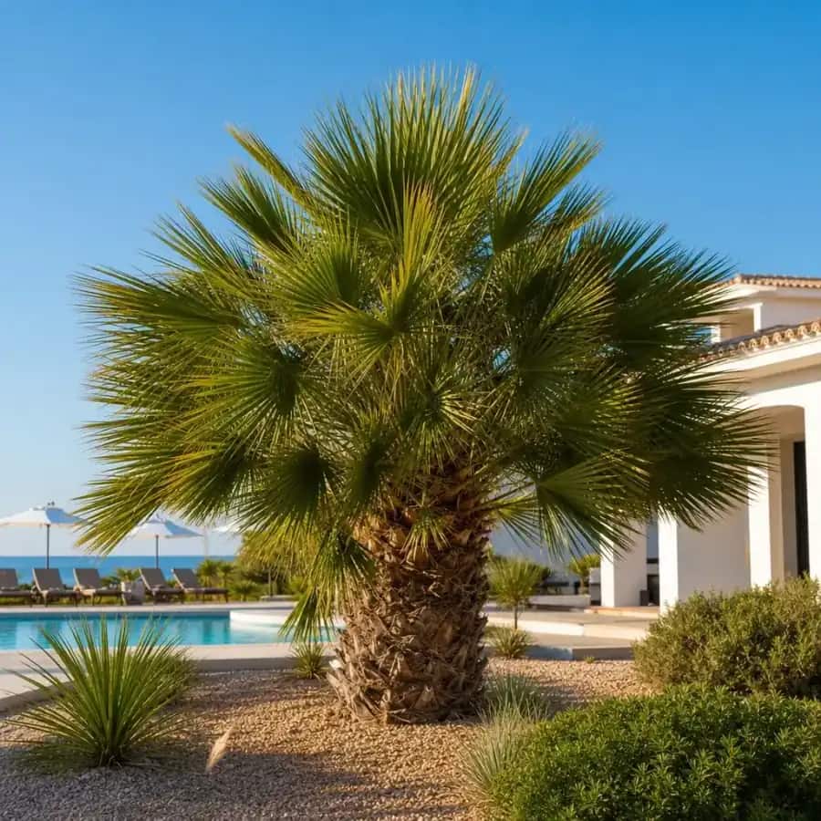 Mediterranean Fan Palm (Chamaerops humilis) — mature, planted