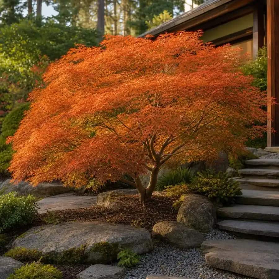 Orangeola Japanese Maple (Acer palmatum) — mature, planted