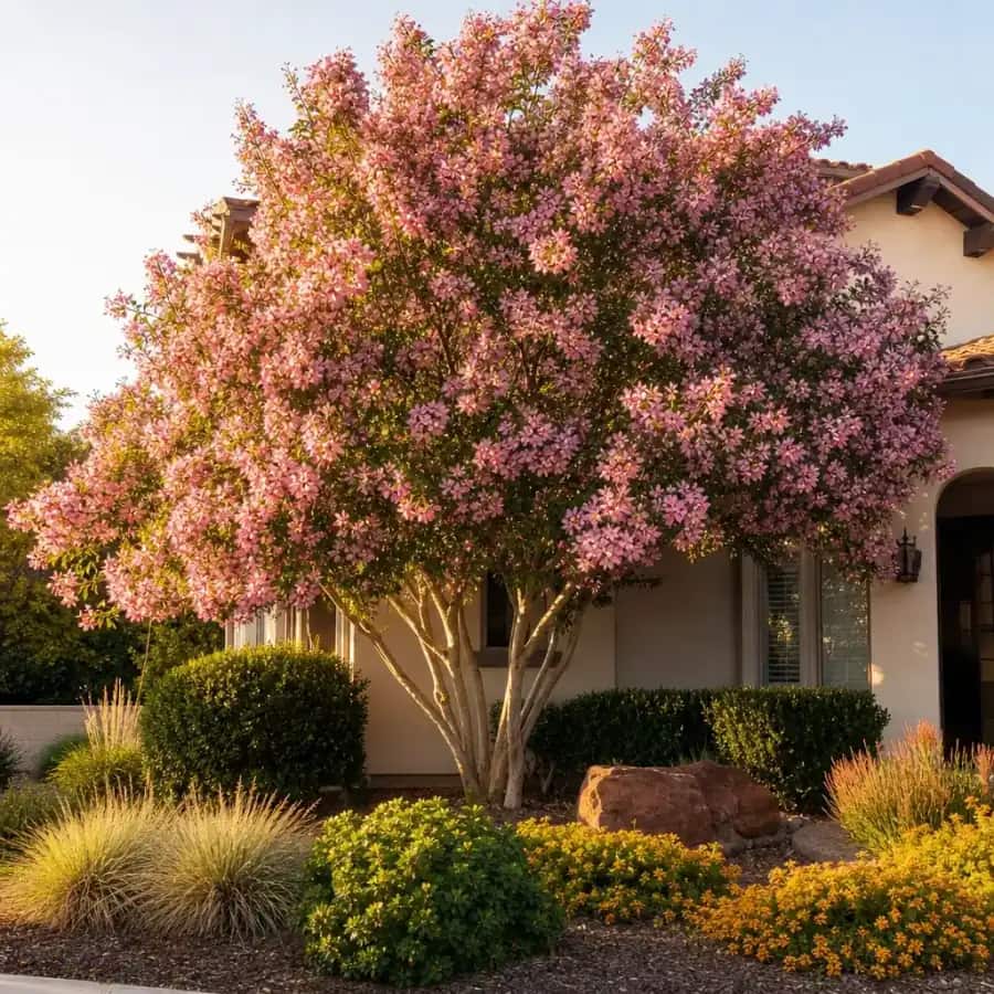 Pink Dawn Chitalpa (Chitalpa tashkentensis) — mature, planted