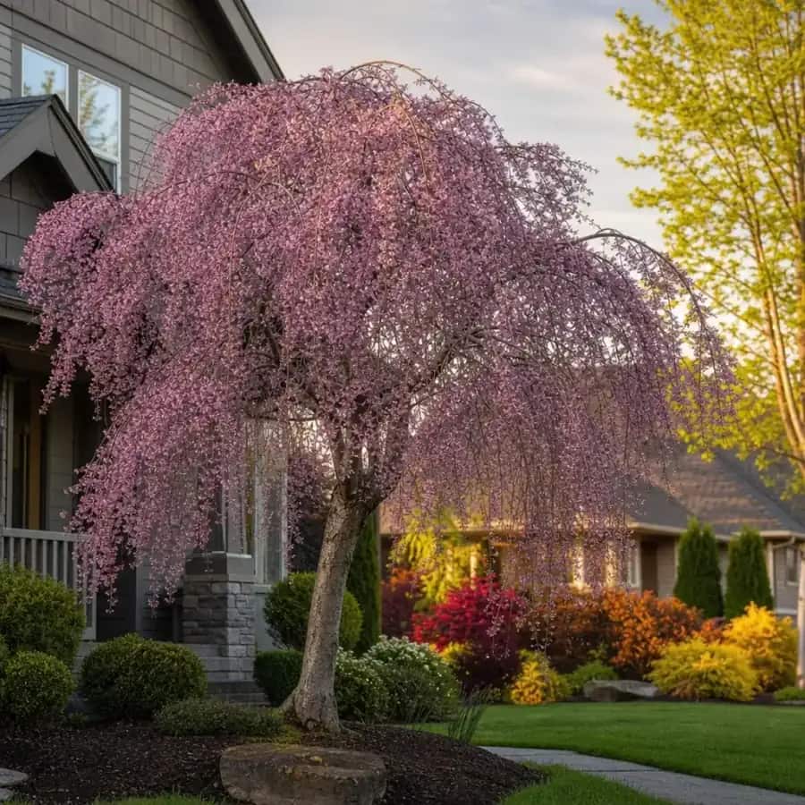 Ruby Falls Weeping Redbud (Cercis canadensis 'Ruby Falls') — mature, planted