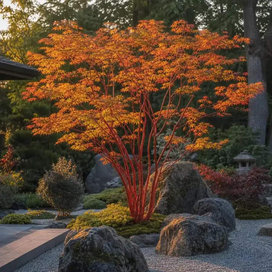 Sangokaku Coral Bark Japanese Maple (Acer palmatum) — mature, planted