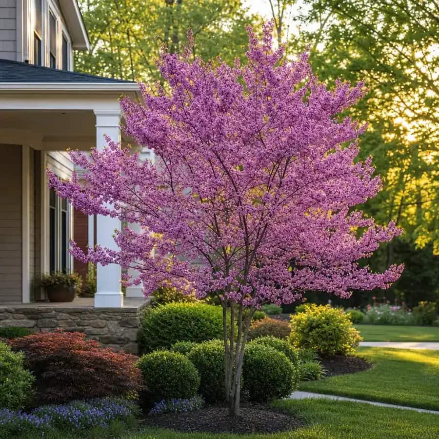 The Rising Sun Eastern Redbud (Cercis canadensis) — mature, planted