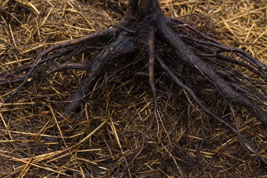 Of dormant bare root tree roots spread over damp packing straw