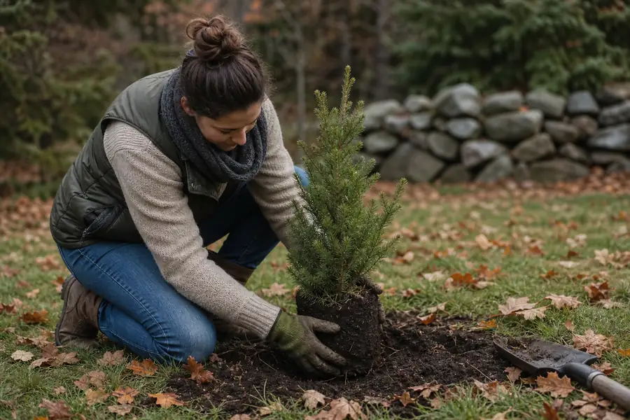 Woman planting a small evergreen in autumn while leaves drift across the lawn