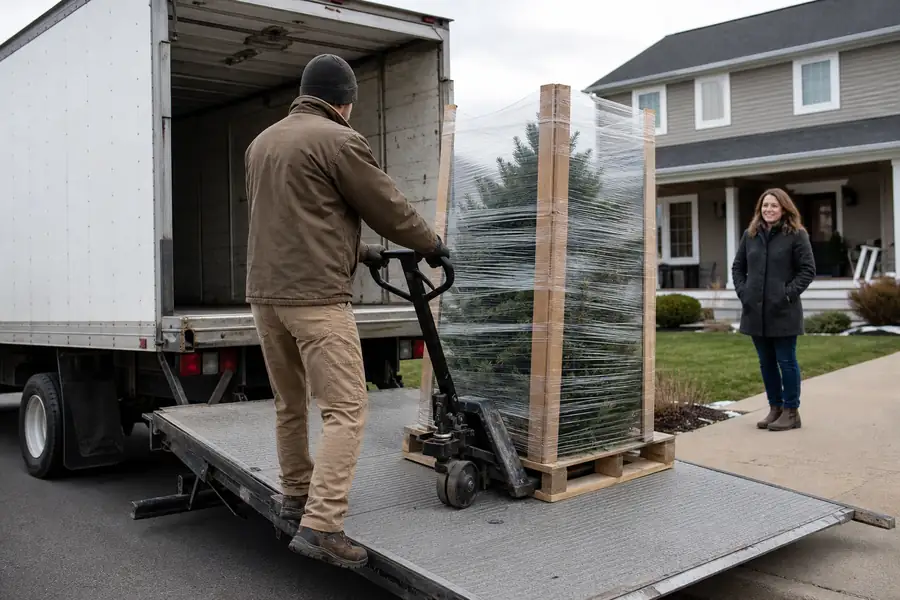 Driver rolling a palletized tree crate down a liftgate ramp toward a homeowner