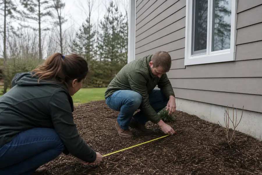 Couple measuring the distance from their house wall to a planting spot with tape