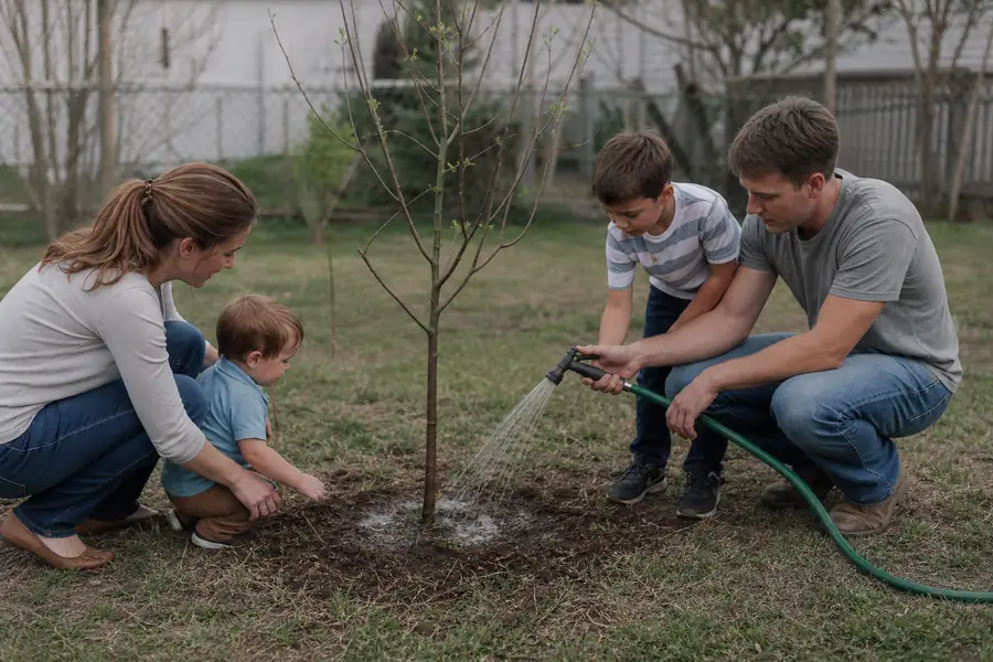 Family watering a newly planted tree together with a slow-running garden hose