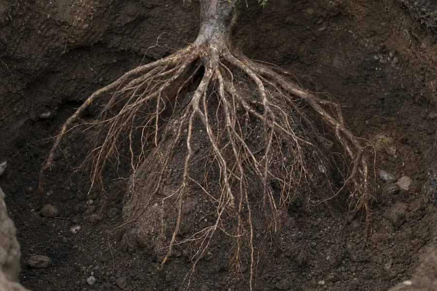Spread bare roots draped over a small mound of soil in a hole