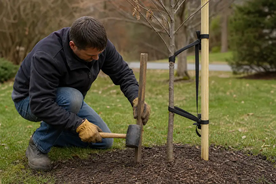 Homeowner removing a support stake from an established young tree with a mallet