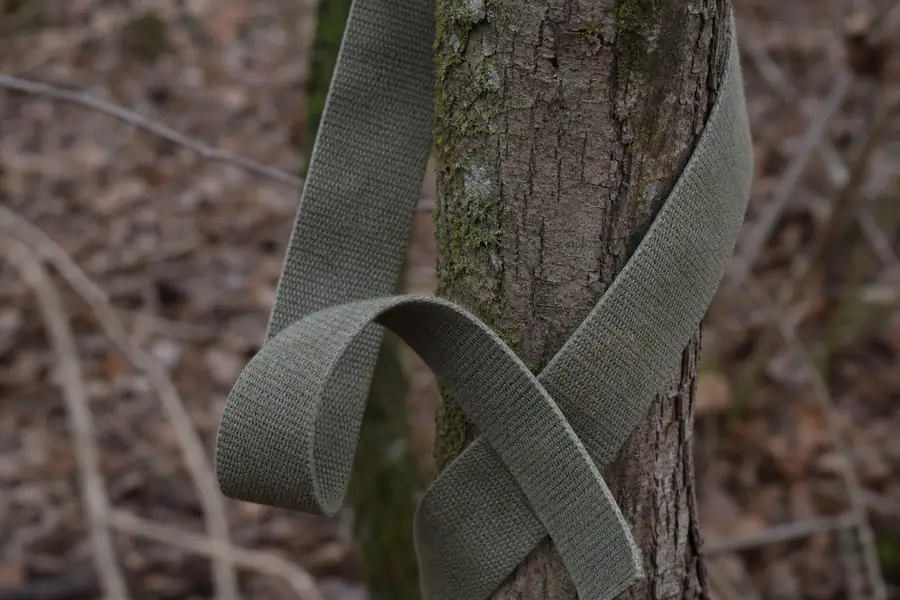 Of a wide soft strap looped loosely around a thin tree trunk