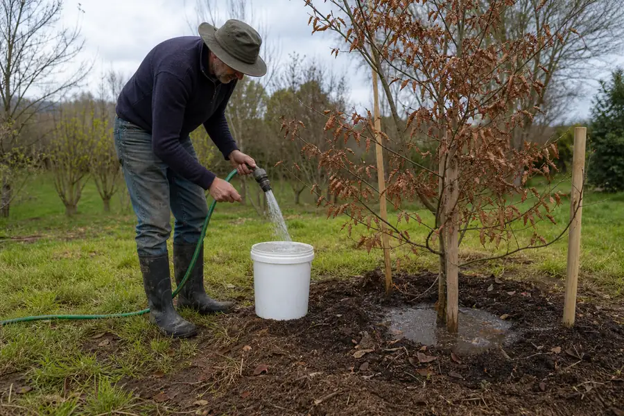 Gardener filling a five-gallon bucket to deep-water a newly planted tree