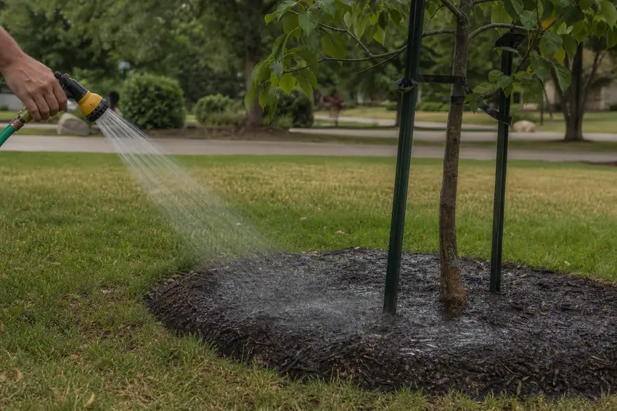 Homeowner slowly soaking a new tree's root zone with a garden hose