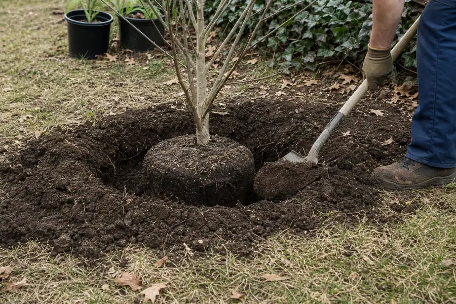 Gardener shoveling excavated soil back around a fresh root ball in a hole