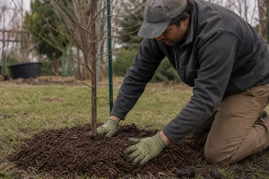Gardener spreading mulch around a stressed new tree with gloved hands