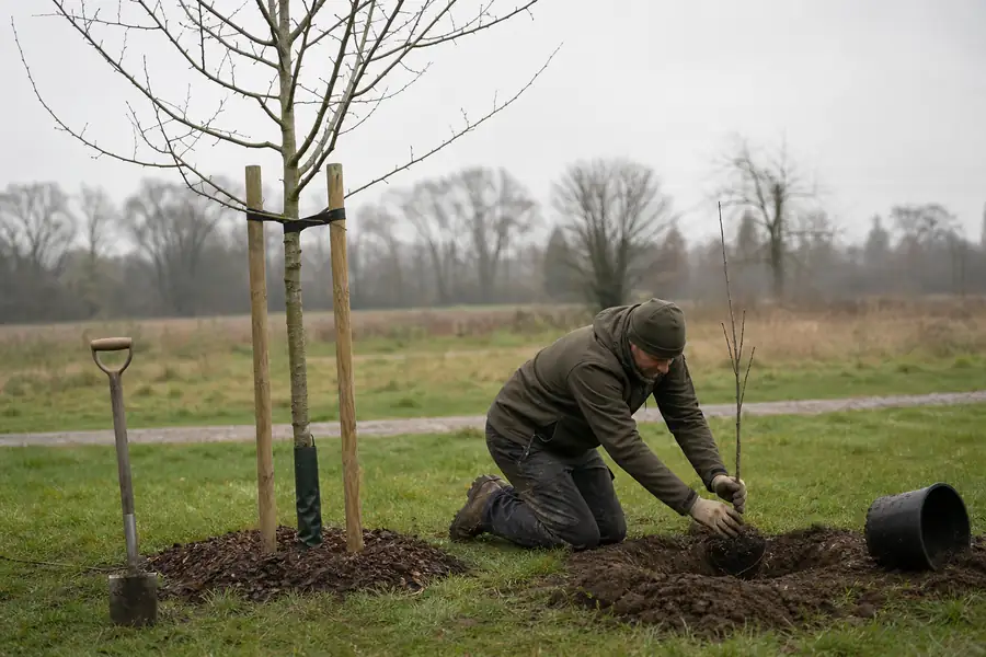 Gardener planting a modest young tree while a larger staked tree stands nearby