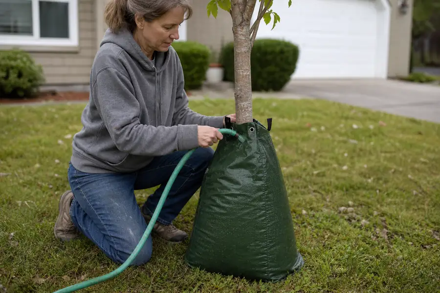 Homeowner filling a tree watering bag with a garden hose