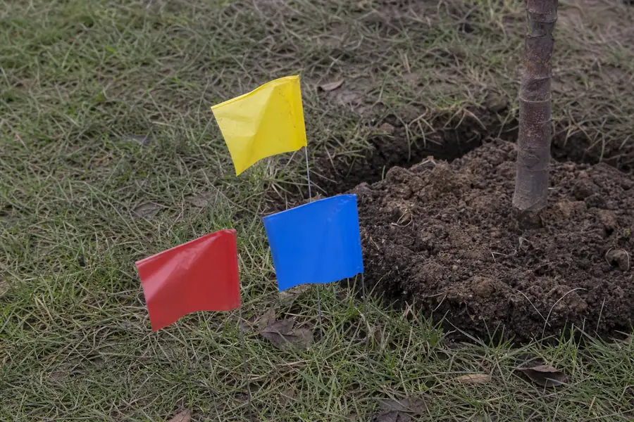 Of colored utility marking flags in grass near a planting hole