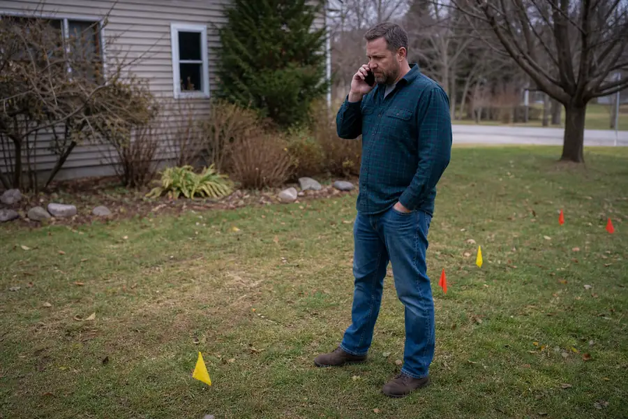 Homeowner on the phone standing in the yard beside marked utility flags